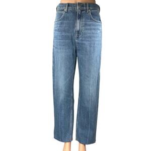 Everlane Way High Women's Blue High Rise Frayed Straight Wide Leg Denim Jeans 28